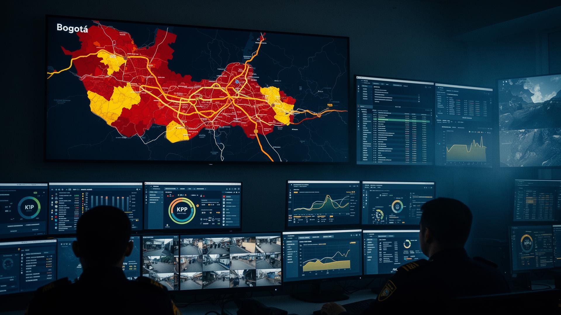 Sala de inteligencia operacional con mapa de calor de Bogotá y tableros de KPIs en pantallas múltiples